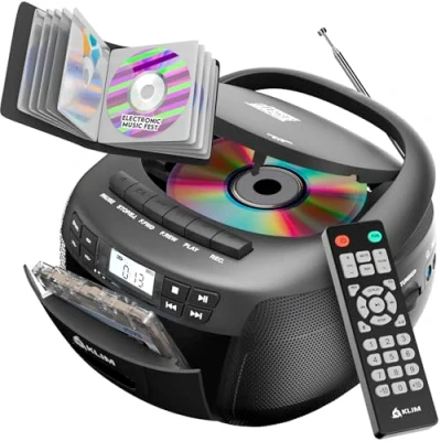Imagen de KLIM CD Player con Estuche Reproductor Cassette, Am/FM Radio y Bluetooth, Control Remoto, Cassette R Grabación en Cinta, USB, AUX, Sonido Estéreo