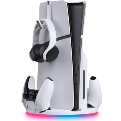 Imagen de soporte con cargador de controlador dual para PS5 Slim Playstation 5 base Carga y auriculares Iluminación RGB rápida doble sense