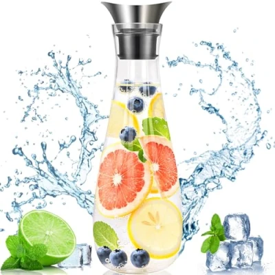 Imagen de ZHHGOO Jarra de Agua Vidrio,1500ml Botella Cristal y Tapa Inoxidable,Jarra Transparente, Vidrio para Jugo Caliente Frío,Té,Leche Café