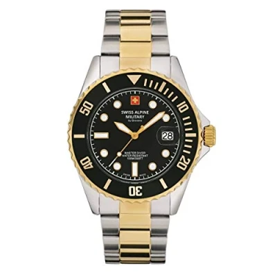 Imagen de Swiss Alpine Military Master Diver 7053.1 Reloj analógico de cuarzo para hombre, acero inoxidable, Oro/Azul/Azul 1115sam, Pulsera