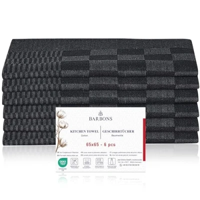 Imagen de BARBONS 6 paños de Cocina Premium 245 g/m² 105 g Trapos 100% Algodon Certificado Öko Tex Muy absorbentes Secos Azulejo Cuadrado Negro (65x65 cm)