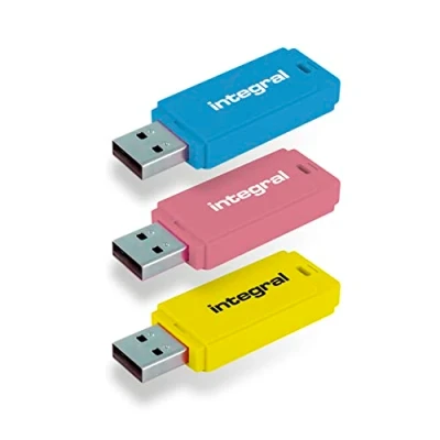 Imagen de Integral 32GB Neon USB 2.0 Flash Drive Paquete de 3 (Azul/Rosa/Amarillo)
