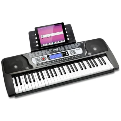 Imagen de RockJam Piano con teclado de 54 teclas fuente alimentación, soporte para partituras, pegatinas notas y lecciones piano.