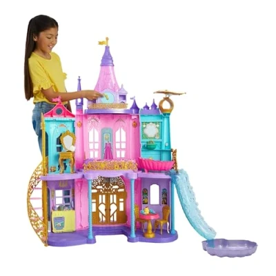 Imagen de Mattel Disney Princess Castillo aventuras reales Casa de muñecas para princesas con dos pisos, muebles y accesorios, luces sonidos, juguete +3 años (HLW29)