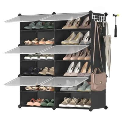 Imagen de SONGMICS Mueble Zapatero Plástico, 6 Compartimentos, Modular, Estantería Modular de 30 x 40 cm Cada Cubo, con Puerta, Marco Acero, Panele Negro LPC033B01