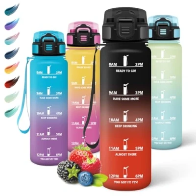 Imagen de Motswedi Botella Agua Gimnasio, 1000ml sin BPA, Agua, Reutilizable, con Marcador de Tiempo, Cantimplora para Oficina, Escuela, Yoga, Rojo Negro