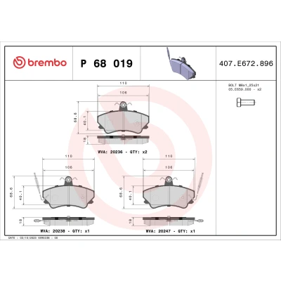 Imagen de BREMBO P 68 019 Juego de pastillas freno con contacto avisador desgaste tornillos pinza sin accesorios RENAULT: ESPACE 2