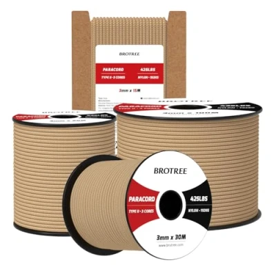 Imagen de Brotree Paracord 3mm 30M Cuerda 100% Nylon Tipo II 3 Hebras 425 para Exterior, Bricolaje 192 kg Carga de Rotura (Caqui)