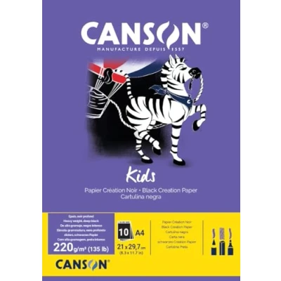 Imagen de Canson Kids, Papel de dibujo Negro, Doble cara: Granulada y lisa, 220g, Encolados por el lado corto, A4 21x29,7cm, 10 Hojas