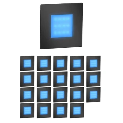 Imagen de ledscom.de 20 LED luz de escalera/luz pared empotrada FEX para interiores y exteriores, angular, negro, 85 x 85mm, azul