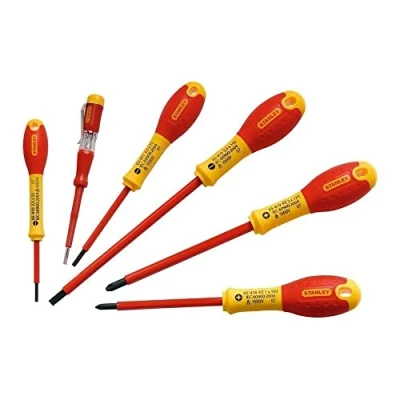 Imagen de STANLEY FATMAX Juego de 6 Destornilladores Aislados, 3 Planos, 2 Phillips, 1 Test Voltaje, Mango Bimateria Ergonómico, Aislamiento 1.000V a.c, Código Color para Identificación, 0 65 441