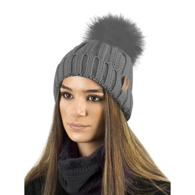 Imagen de TOSKATOK Gorro de invierno para mujer con forro polar cálido y pompón grande pelo sintético, punto acanalado arroz Sombrero gris. Talla única