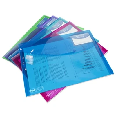 Imagen de Rapesco 0700 Carpeta Sobre Portafolios A4+ con Bolsillo para Tarjeta, Colores Surtidos Translúcidos, 5 Unidades