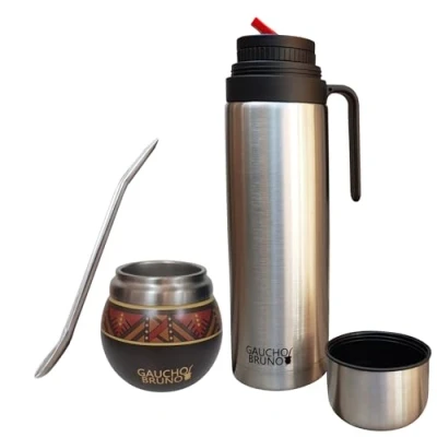 Imagen de Gaucho Bruno Mate de Acero Inoxidable para Beber Yerba Mantiene la temperatura bebida con Bombilla y termo 1 litro pico vertedor precisión Cebador