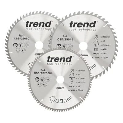 Imagen de Trend CraftPro paquete triple de hojas sierra circular TCT, 250 mm diámetro x 48, 60 y 84 dientes 30 interior, punta carburo tungsteno, CSB/250/3PK, 3