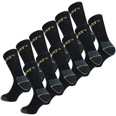 Imagen de Caterpillar 12 Pares Calcetines Trabajo Media Pantorrilla por Zapatos de Seguridad Punta y Talón Reforzados Esponja Algodón (Negro, 41 45)