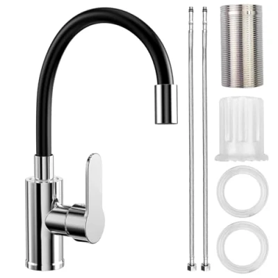 Imagen de Ghazpmuk Grifo de Cocina Flexible, Grifos Fregadero Giratorio 360, Negro con Caño Griferia Monomando Cromo, Mezclador Fregadero, para Agua Caliete y Fría