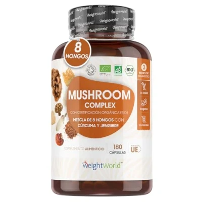 Imagen de Hongos Complex Bio 180 Cápsulas de 8 Setas y como Lions Mane, Reishi, Shiitake, Maitake, Chaga Cordyceps Mushroom Melena León Enriquecido con Jengibre Cúrcuma para 3 Meses