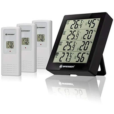 Imagen de BRESSER Temeo Hygro Quadro Estación meteorológica radiocontrolada con 3 sensores Exteriores para medir y controlar la Temperatura Humedad en 4 entornos al Mismo Tiempo, Gris