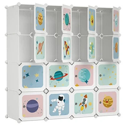 Imagen de SONGMICS Estantería Modular, Armario Modular con Puertas, plástico Infantil de 16 Cubos, 4 Barras Colgar Ropa, Zapatos, Juguetes, 123 x 41 cm, Blanco LPC905W01