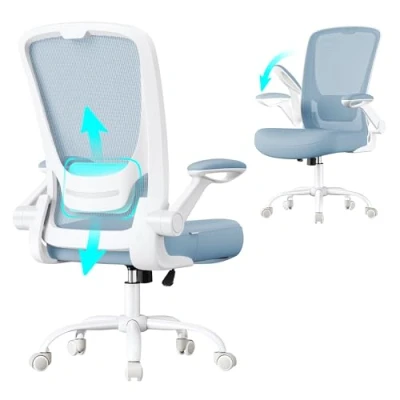 Imagen de SONGMICS Silla de Oficina, Escritorio Malla, Ordenador Ergonómica, Soporte Lumbar, Oscilante, Anchura Asiento 53 cm, Apoyabrazos Abatibles, Azul Niebla OBN037Q01