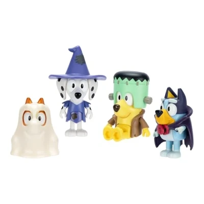 Imagen de Bluey Paquete de 4 figuras Halloween, articulables 2.5 pulgadas Bluey, Bingo, Chloe y Lucky vestidas con disfraces accesorios, los niños pueden recrear sus momentos