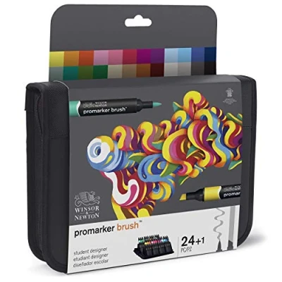 Imagen de Winsor &amp; Newton Promarker Brush Set de 24 Rotuladores Doble Punta, Punta Pincel, Tinta Base Alcohol en Estuche, Colección Diseño escolar