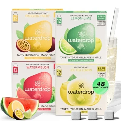 Imagen de waterdrop® Microdrink Mix, 48 Pastillas Saborizantes Para Agua, Bebidas Mix 4 Sabores Afrutados Sin Azúcar, baja en calorías y con vitaminas, Bebida Instantánea, Polvo de Hidratación, Botella