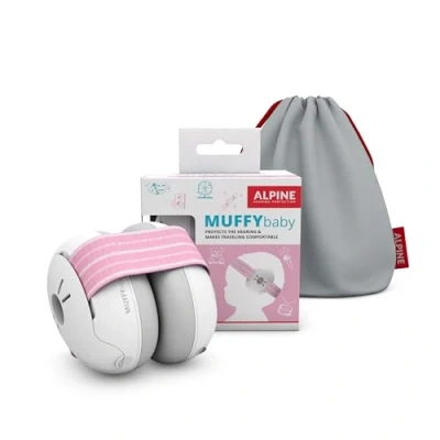 Imagen de Alpine Muffy Baby Protectores auditivos para bebés y niños pequeños de 12 a 36 meses Protección contra el ruido Evita daños Mejora sueño sobre la marcha Ajuste cómodo Rosada