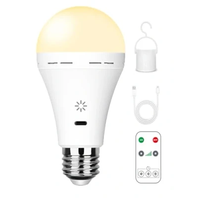 Imagen de Bombilla E27 Recargable USB C con Control Remoto, Batería de 7W, LED Regulable Táctil Función Temporización, Luz Emergencia Acampar Gancho,3000k/Blanco, 1 pack