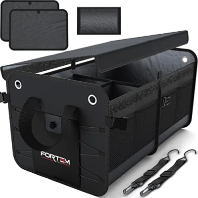 Imagen de FORTEM Organizador de Maletero Coche y SUV para Almacenamiento Caja Plegable con 2 Compartimentos Base Antideslizante Cinchas Ajustables Tapa Extraíble (Negro)