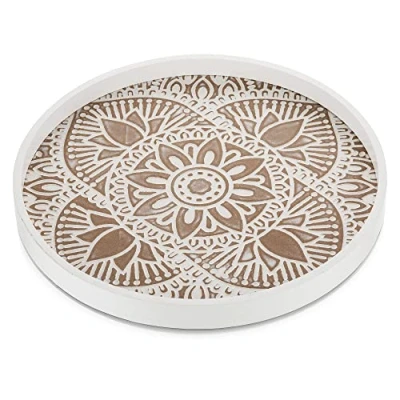 Imagen de Hanobe Bandeja Decorativa Redonda de Madera: rústica Blanca Bohemia para Mesa café, Granja, decoración Centro Mesa, bandejas Servir otomanas Circulares Madera