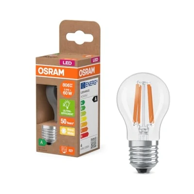 Imagen de OSRAM Energy Class en forma clásica de mini bola, 3,8 W / 806 lm, EEK A, (2700 K), CRI 80, fabricada vidrio transparente sin plomo, E27, IP20, 45 mm DM, paquete 6 unidades