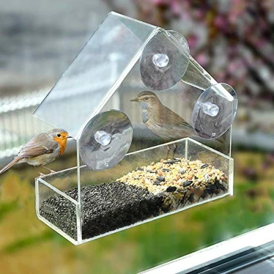 Imagen de comedero para pájaros, ventana transparente con ventosas y techo, de cristal acrílico pájaros silvestres Parrot (A)