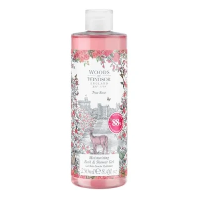 Imagen de Woods of Windsor Rose gel de baño y ducha, ducha para mujer con notas florales jazmín blanco ylang ylang, hidratante mujeres vitamina E, aroma a rosa verdadera 250 ml