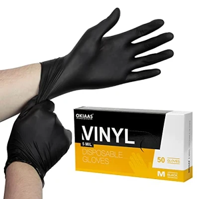 Imagen de OKIAAS Guantes desechables de mediana, vinilo sin látex, 5 mm., 50 unidades, para preparación alimentos, limpieza del hogar, tinte el pelo, tatuajes, etc
