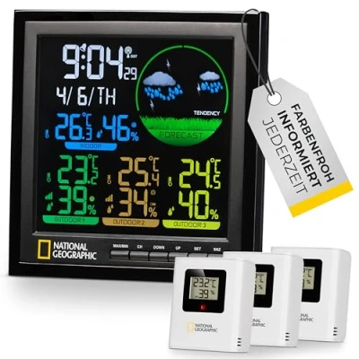 Imagen de National Geographic 9070700 estación meteorológica radiocontrolada con sensor exterior, VA a color 4 rangos de medición para interior o negra