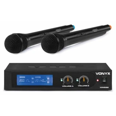 Imagen de Vonyx WM522 Set de 2 Micrófonos Inalámbricos Mano Duales con Receptor VHF, Conector Altavoz, Recargable por USB, Silencio Automático, Microfono Conferencia Inalambrico, Micros para Cantar