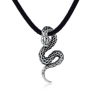 Imagen de Collar de piel para hombre DonDon 50 cm con colgante serpiente inoxidable circonitas blancas en un diseño
