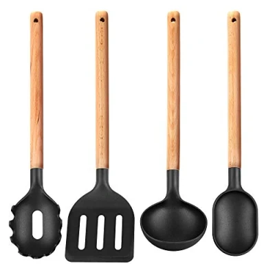 Imagen de Smile SAK 3 Set de 4 Utensilios Cocina, Madera Nylon, Resistente a Altas Temperaturas hasta 210˚C, Seguros e Inofensivos para la Salud, No Rayan Superficies Antiadherentes