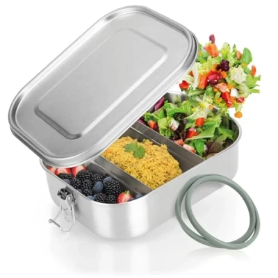 Imagen de Robin Goods® Fiambrera de acero inoxidable recipiente para guardar alimentos con divisor extraíble hermético gracias a la junta silicona 1400 ml (1 pieza 1400ml)