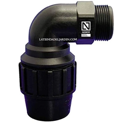 Imagen de Suinga CODO MACHO POLIETILENO 40MM x 1 1/4&quot;. Producto con certificado AENOR utilizado en tuberías PE 40 mm para uso fontanería, riego y obras.