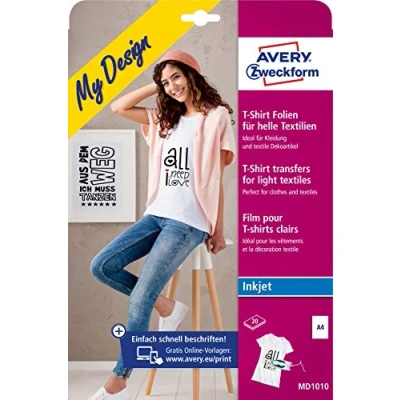 Imagen de AVERY Zweckform MD1010 20 láminas textiles (para claros, DIN A4, camiseta imprimible con plancha, lámina de transferencia para impresoras inyección tinta, planchado)