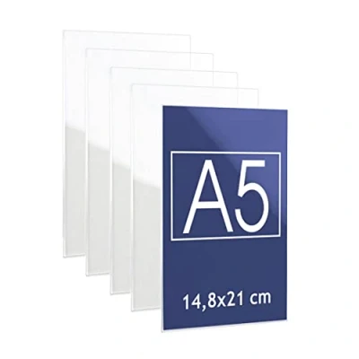 Imagen de Danieli Store Soporte de Pared Metacrilato A5 Vertical para Carteles. Expositor con Adhesivo Doble Cara y Cristal. Acrílico Transparente Avisos (5 unidades)