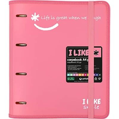 Imagen de Grafoplás 88101853. Carpeta 4 Anillas Troqueladas con Recambio, A4, Rosa Claro, Polipropileno Semirrígido, Incluye Separadores, Carpebook Like