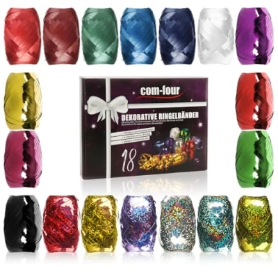 Imagen de com four® 18x Cinta de Anillo Brillante en Colores Brillantes 20 m por Rollo Gran Juego Cintas Regalo para Manualidades y Embalaje poliéster (Festivo)