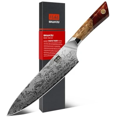 Imagen de SHAN ZU Cuchillo de Chef Damasco, Cocina Japonés Acero en Polvo SG2, Cocinero 20cm Forjado a Mano 91 Capas Mango Arce WHITE TIGER Series