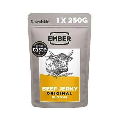 Imagen de Ember Snacks Biltong Beef Jerky (1x250g Original) Alto en proteínas, Bajo calorías. Refrigerio Grasa, Para Llevar, El embalaje puede varíar
