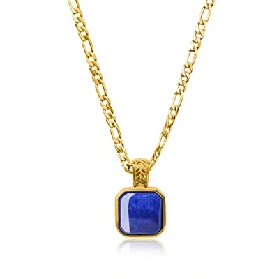 Imagen de COAI Collar para Hombre con Cadena Figaro en Acero Inoxidable Chapado Oro y Colgante Cuadrado de Lapislázuli Piedra Natural Genuina