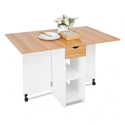 Imagen de Mondeer Folding Table Mesa Plegable, Madera de ingeniería, Blanco Y Rojo Roble, 72 x 120 75 cm
